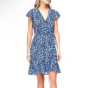 Banana Republic Blue Leopard Print Chiffon Wrap Dress w/ Flounce Ruffle Hem